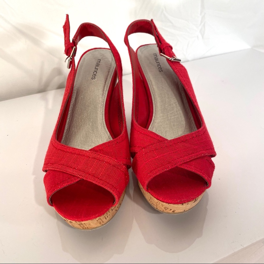 Maurice’s red wedge with criss cross peep toe